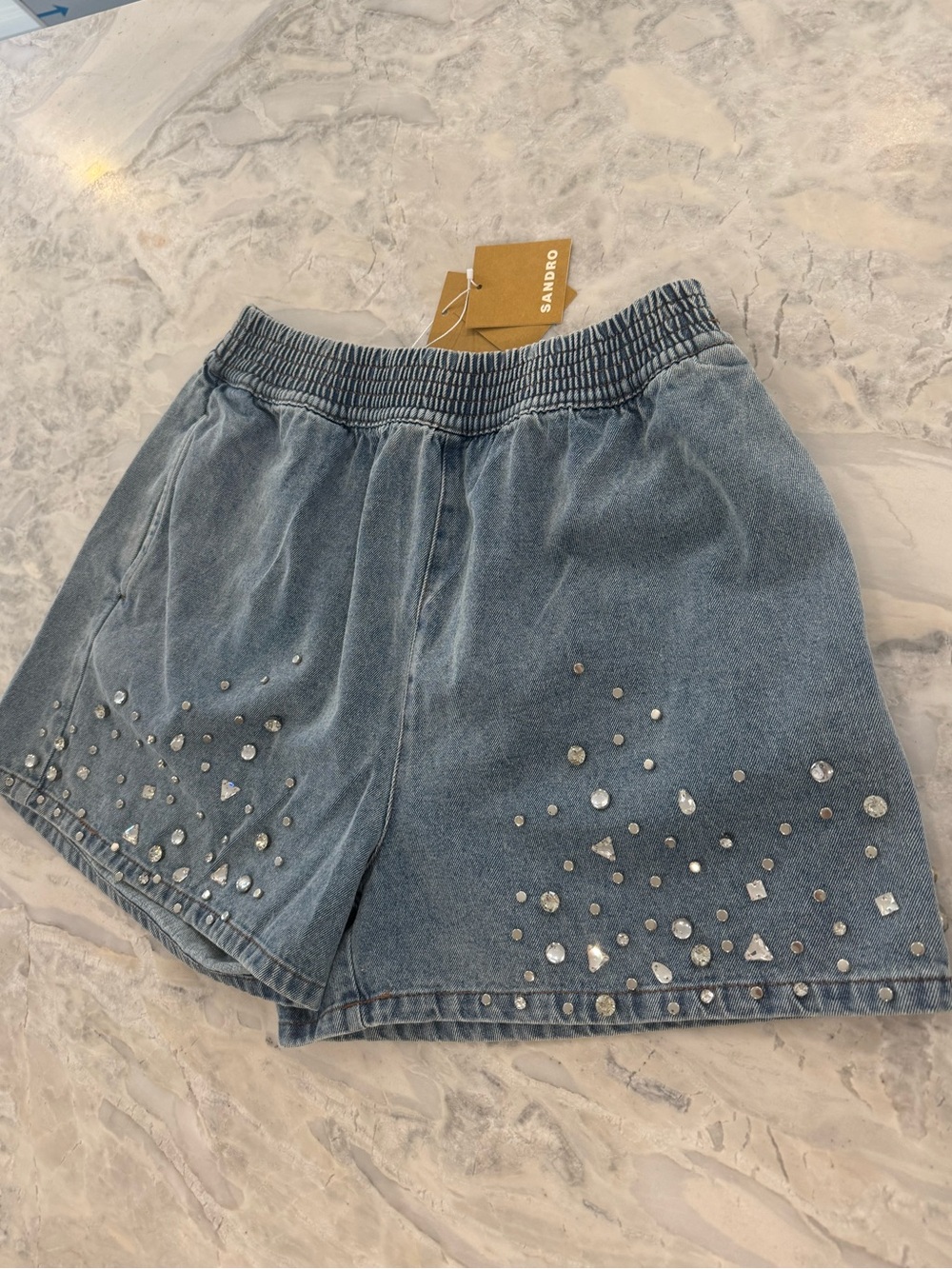 NWT Sandro rhinestone Embellished wide leg Denim Shorts with Elastic waist